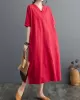 Chinese Frog Buttons Pockets Solid Color Split-Side A-Line Loose V-Neck Midi Dresses