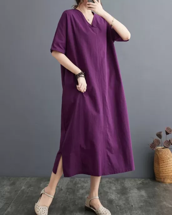 Chinese Frog Buttons Pockets Solid Color Split-Side A-Line Loose V-Neck Midi Dresses