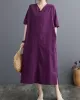 Chinese Frog Buttons Pockets Solid Color Split-Side A-Line Loose V-Neck Midi Dresses