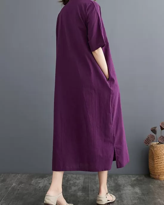 Chinese Frog Buttons Pockets Solid Color Split-Side A-Line Loose V-Neck Midi Dresses