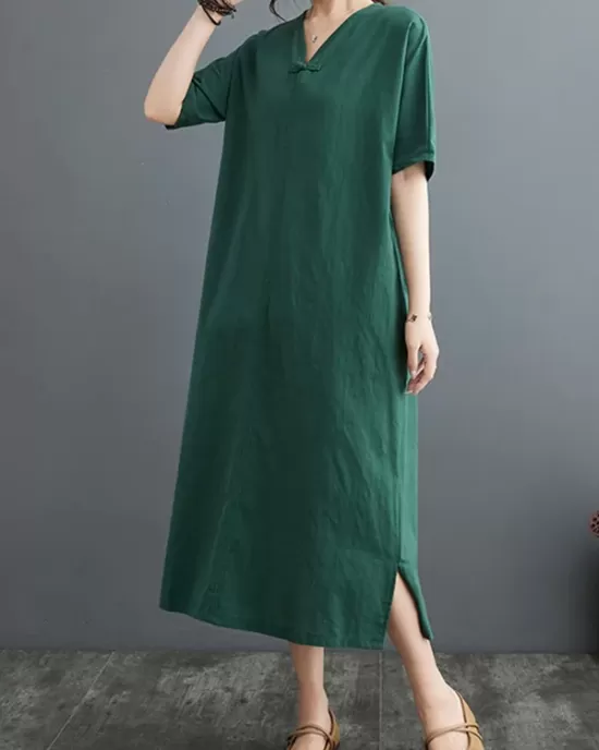 Chinese Frog Buttons Pockets Solid Color Split-Side A-Line Loose V-Neck Midi Dresses