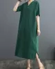 Chinese Frog Buttons Pockets Solid Color Split-Side A-Line Loose V-Neck Midi Dresses