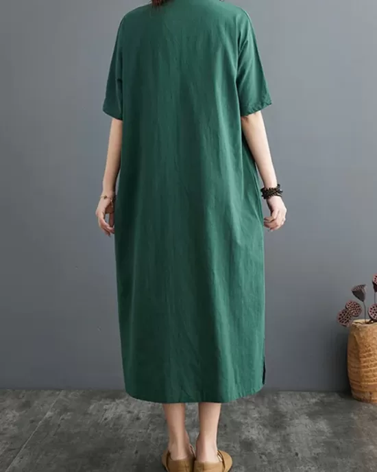 Chinese Frog Buttons Pockets Solid Color Split-Side A-Line Loose V-Neck Midi Dresses