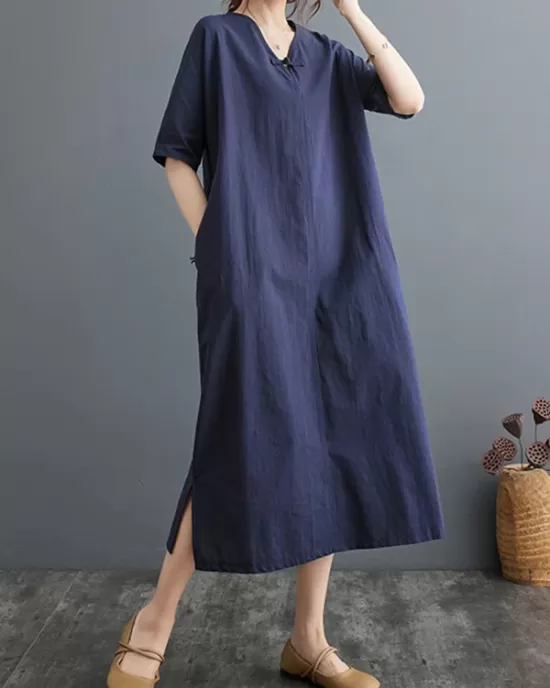 Chinese Frog Buttons Pockets Solid Color Split-Side A-Line Loose V-Neck Midi Dresses