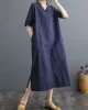 Chinese Frog Buttons Pockets Solid Color Split-Side A-Line Loose V-Neck Midi Dresses