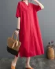 Chinese Frog Buttons Pockets Solid Color Split-Side A-Line Loose V-Neck Midi Dresses