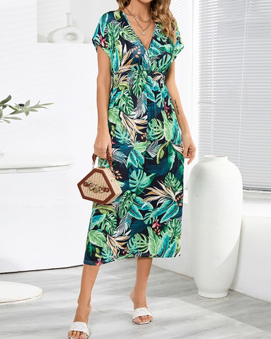 Hollow Lace-Up Printed Split-Joint Loose Short Sleeves V-Neck Midi Dresses