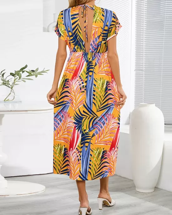 Hollow Lace-Up Printed Split-Joint Loose Short Sleeves V-Neck Midi Dresses