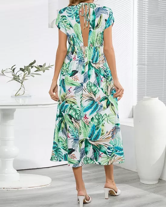 Hollow Lace-Up Printed Split-Joint Loose Short Sleeves V-Neck Midi Dresses