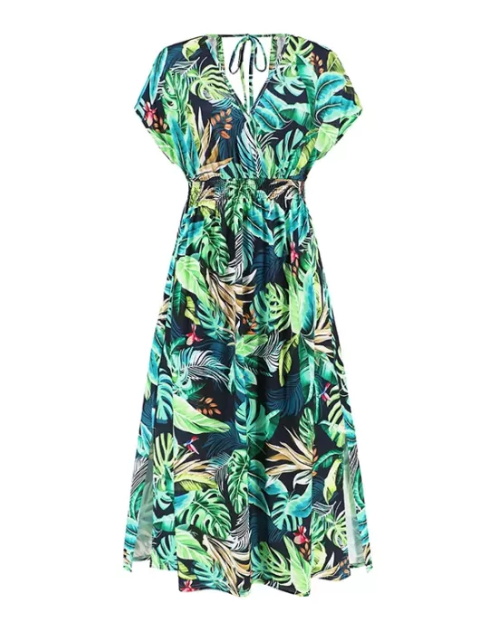 Hollow Lace-Up Printed Split-Joint Loose Short Sleeves V-Neck Midi Dresses