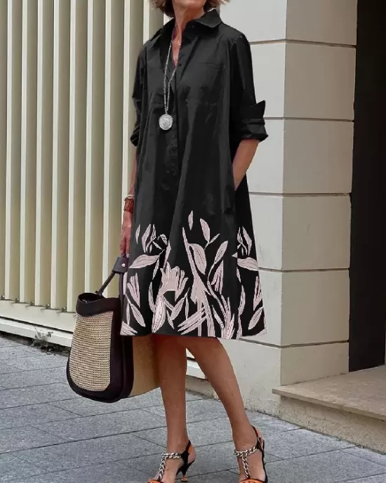 Long Sleeves Leaves Print Lapel Midi Dresses