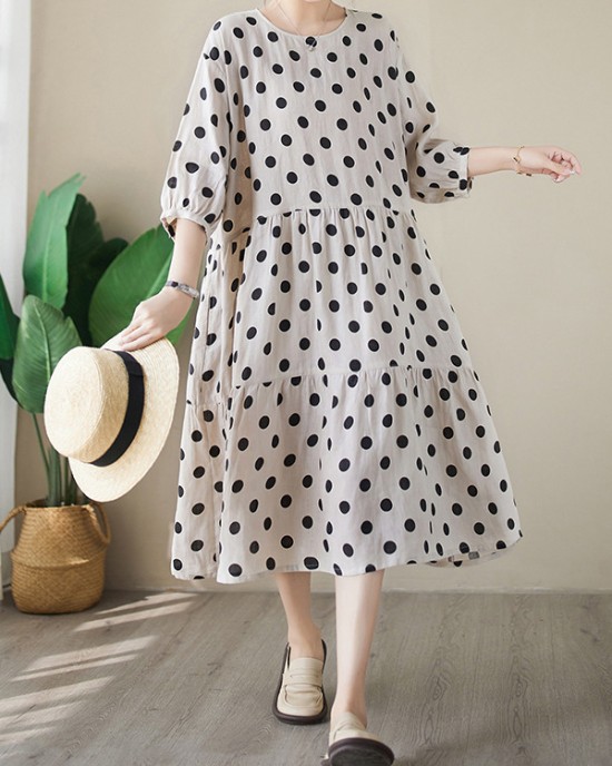 Polka Dot Split-Joint Half Sleeves Loose Midi Dresses