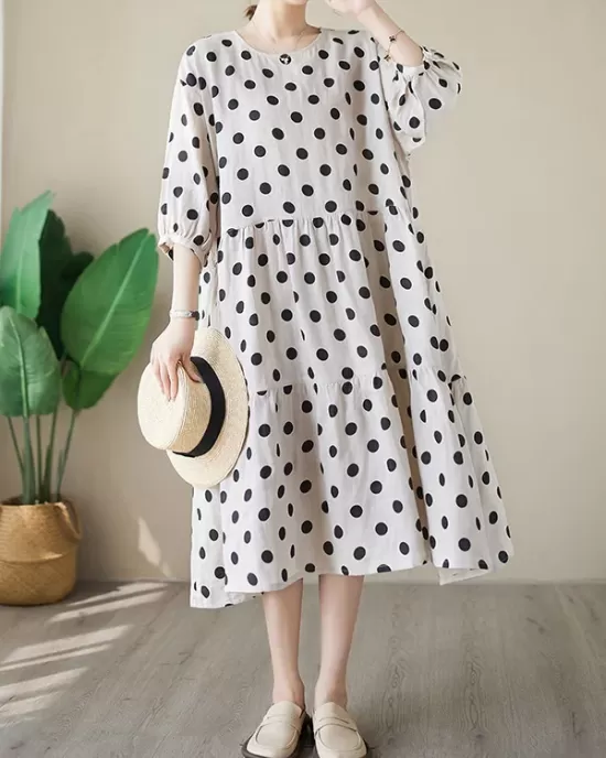 Polka Dot Split-Joint Half Sleeves Loose Midi Dresses