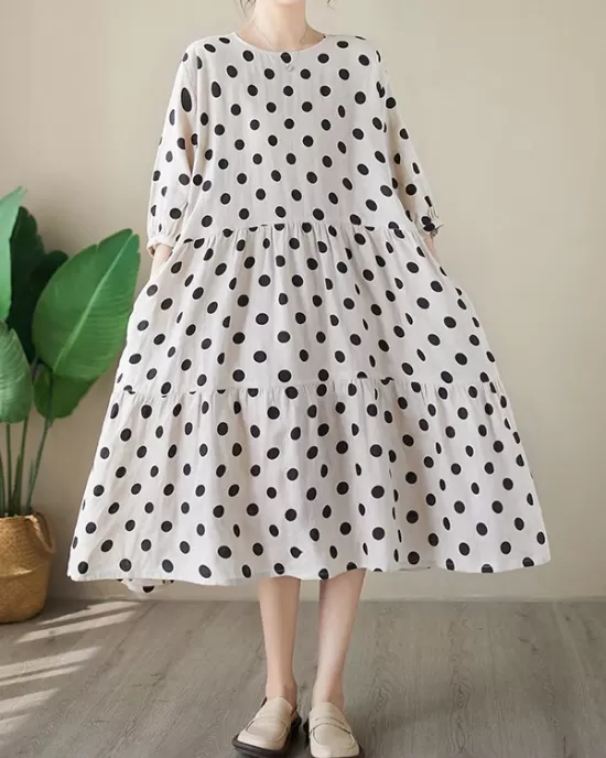 Polka Dot Split-Joint Half Sleeves Loose Midi Dresses