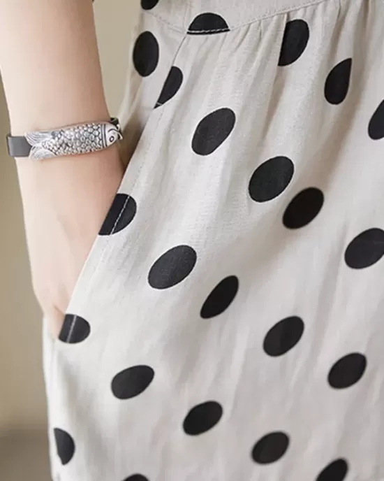 Polka Dot Split-Joint Half Sleeves Loose Midi Dresses