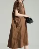 Adjustable Drawstring Pleated Solid Color Loose Raglan Sleeve V-Neck Shirt Dress Midi Dresses