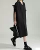 Adjustable Drawstring Pleated Solid Color Loose Raglan Sleeve V-Neck Shirt Dress Midi Dresses