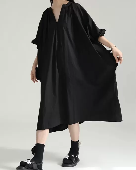 Adjustable Drawstring Pleated Solid Color Loose Raglan Sleeve V-Neck Shirt Dress Midi Dresses