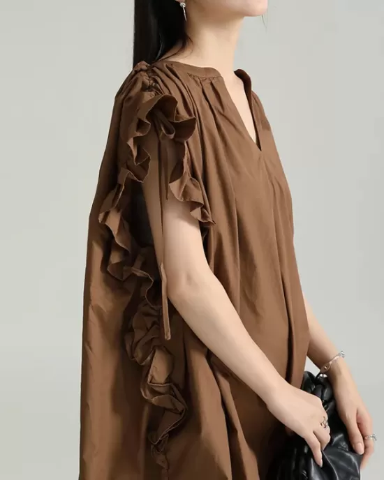 Adjustable Drawstring Pleated Solid Color Loose Raglan Sleeve V-Neck Shirt Dress Midi Dresses