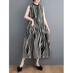 Striped Loose Sleeveless Stand Collar Midi Dresses