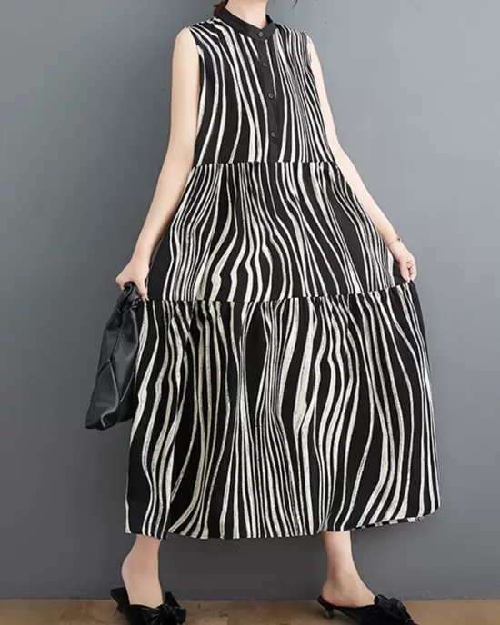 Striped Loose Sleeveless Stand Collar Midi Dresses