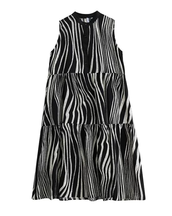 Striped Loose Sleeveless Stand Collar Midi Dresses