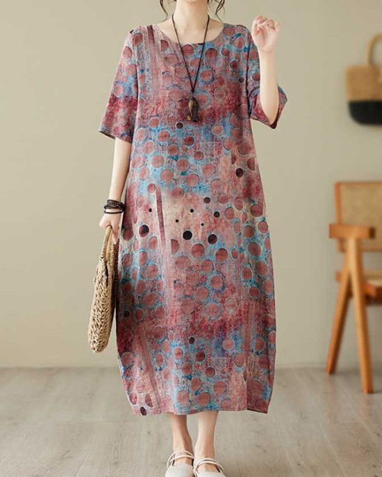 Contrast Color Polka-Dot Printed Half Sleeves Loose Round-Neck Midi Dresses