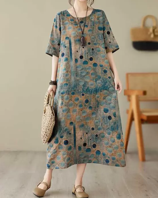 Contrast Color Polka-Dot Printed Half Sleeves Loose Round-Neck Midi Dresses