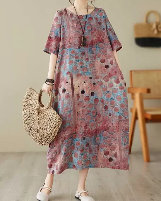 Contrast Color Polka-Dot Printed Half Sleeves Loose Round-Neck Midi Dresses