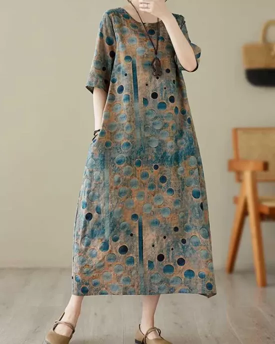 Contrast Color Polka-Dot Printed Half Sleeves Loose Round-Neck Midi Dresses