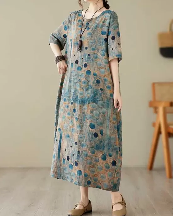 Contrast Color Polka-Dot Printed Half Sleeves Loose Round-Neck Midi Dresses