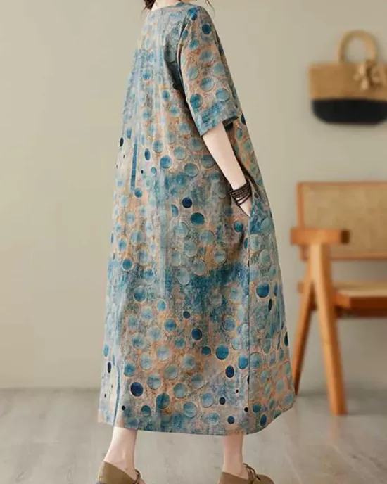 Contrast Color Polka-Dot Printed Half Sleeves Loose Round-Neck Midi Dresses