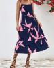 Contrast Color Floral Printed Loose Sleeveless Spaghetti-Neck Midi Dresses