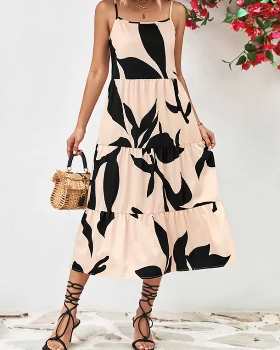 Contrast Color Floral Printed Loose Sleeveless Spaghetti-Neck Midi Dresses