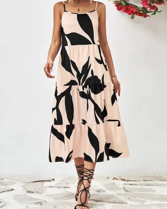 Contrast Color Floral Printed Loose Sleeveless Spaghetti-Neck Midi Dresses