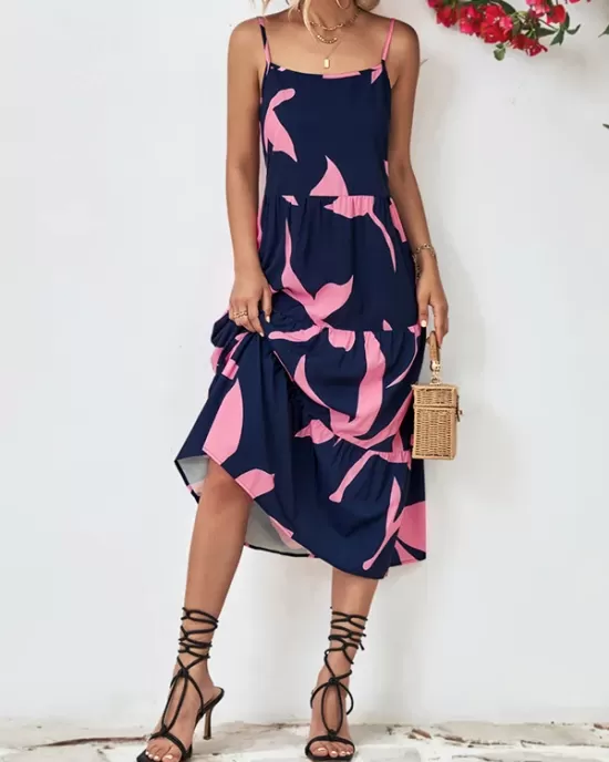 Contrast Color Floral Printed Loose Sleeveless Spaghetti-Neck Midi Dresses