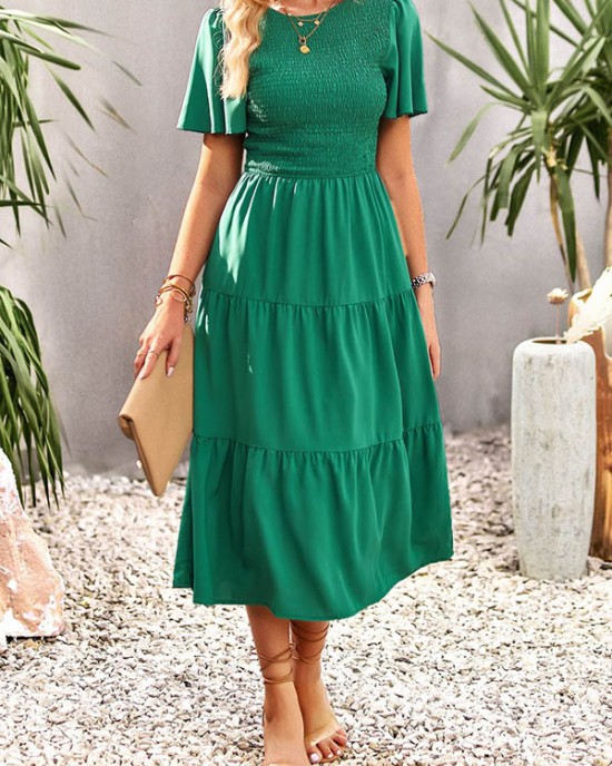 Elastics Solid Color Loose Short Sleeves Round-neck Midi Dresses