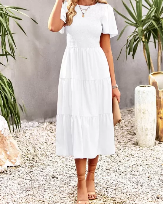 Elastics Solid Color Loose Short Sleeves Round-neck Midi Dresses