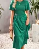 Elastics Solid Color Loose Short Sleeves Round-neck Midi Dresses