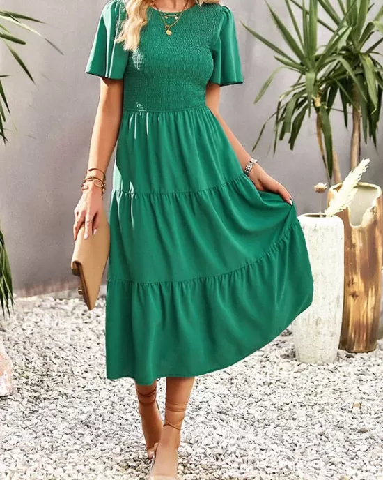 Elastics Solid Color Loose Short Sleeves Round-neck Midi Dresses