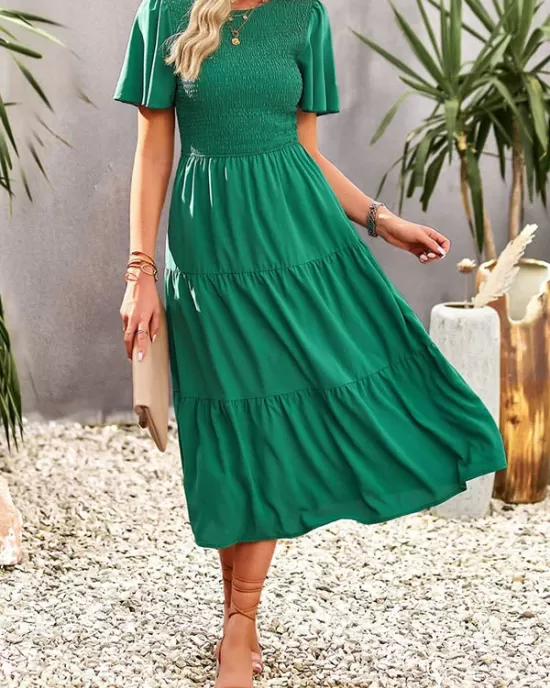 Elastics Solid Color Loose Short Sleeves Round-neck Midi Dresses