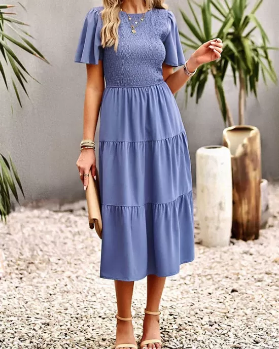 Elastics Solid Color Loose Short Sleeves Round-neck Midi Dresses