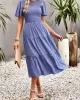 Elastics Solid Color Loose Short Sleeves Round-neck Midi Dresses