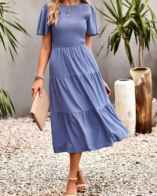 Elastics Solid Color Loose Short Sleeves Round-neck Midi Dresses