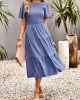 Elastics Solid Color Loose Short Sleeves Round-neck Midi Dresses