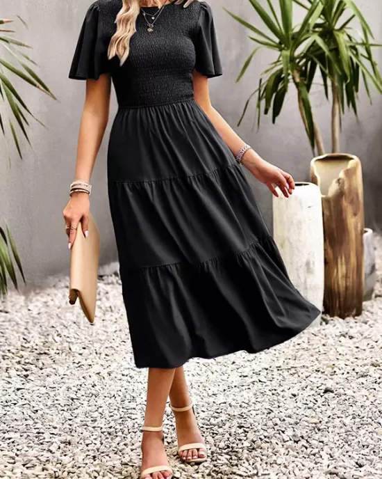 Elastics Solid Color Loose Short Sleeves Round-neck Midi Dresses