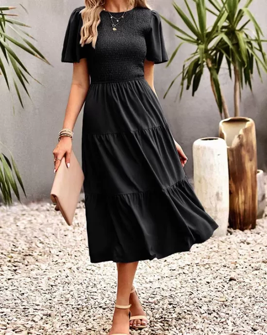 Elastics Solid Color Loose Short Sleeves Round-neck Midi Dresses