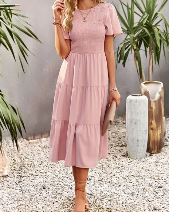 Elastics Solid Color Loose Short Sleeves Round-neck Midi Dresses