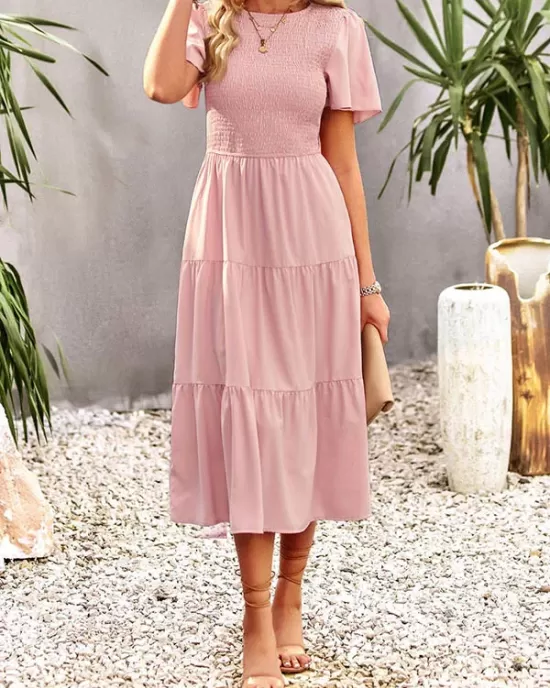 Elastics Solid Color Loose Short Sleeves Round-neck Midi Dresses