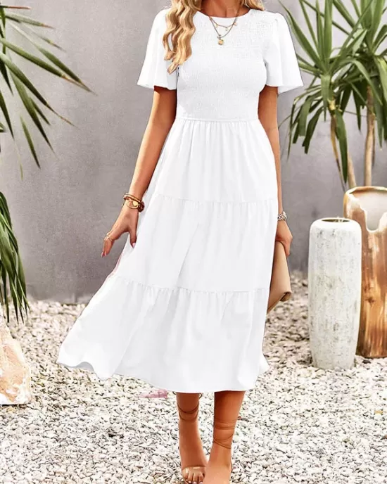 Elastics Solid Color Loose Short Sleeves Round-neck Midi Dresses